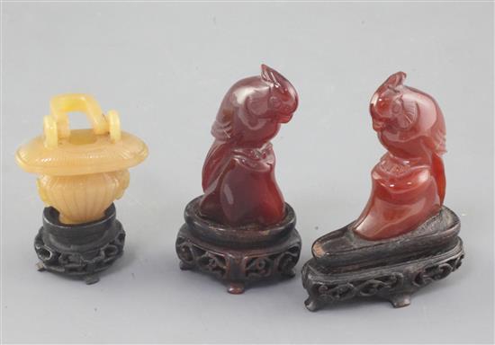 Three Chinese chalcedony carvings, late 19th century, total height 7cm